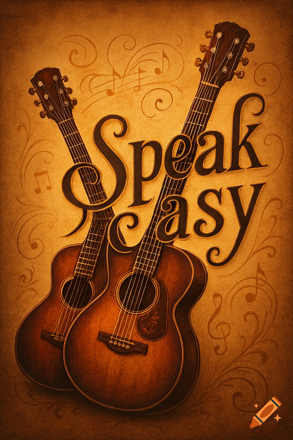 Two acoustic guitars interwoven with the words 'Speak Easy' on a vintage-style background with musical notes and swirls.