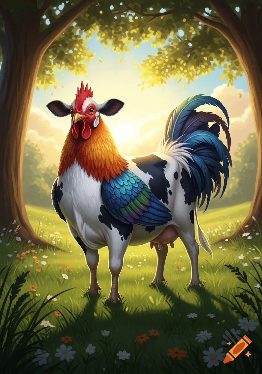 A colorful, whimsical chicken-cow hybrid creature with an udder stands in a sunlit grassy field with wildflowers, framed by trees.