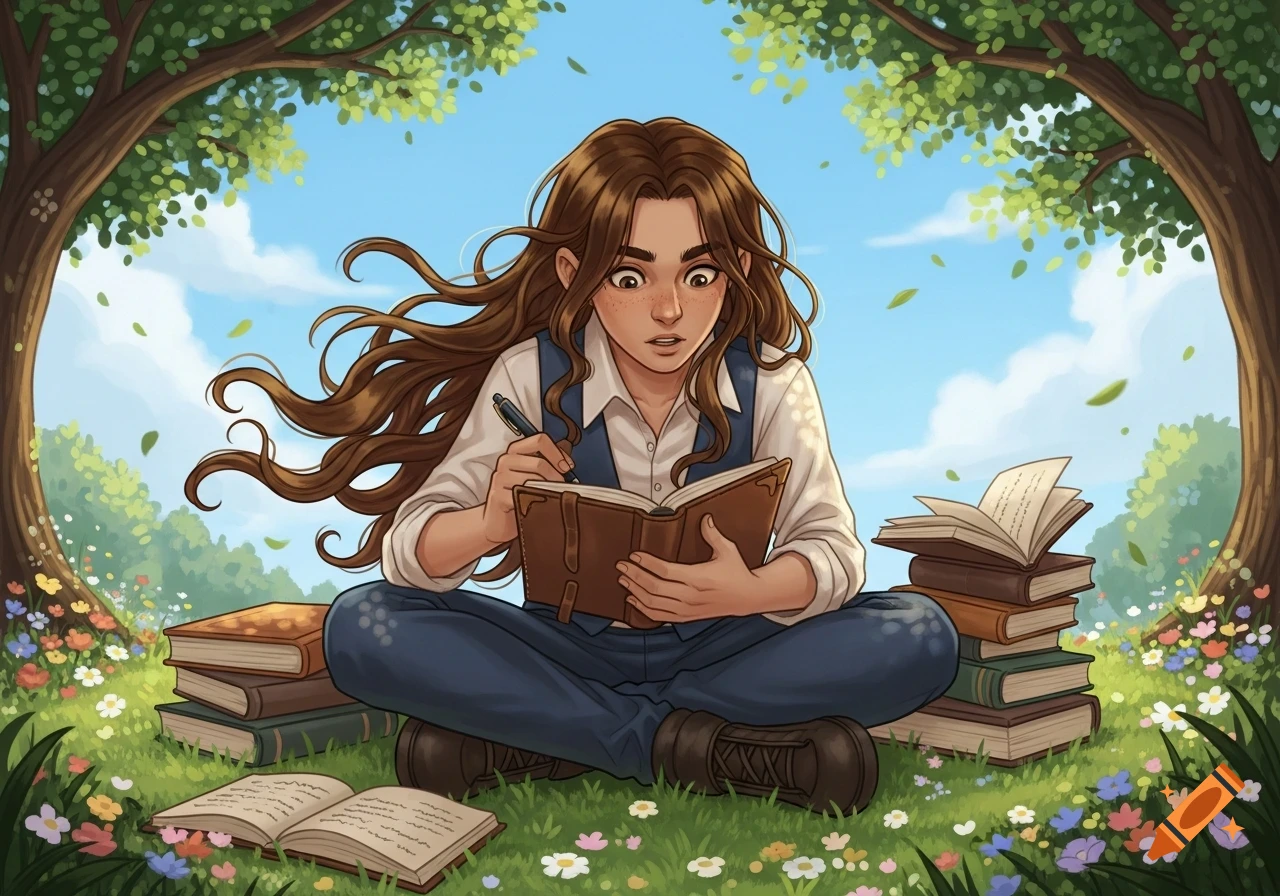 An illustrated person with long brown hair sits in a flowery meadow under a tree, writing in a journal with books around them.