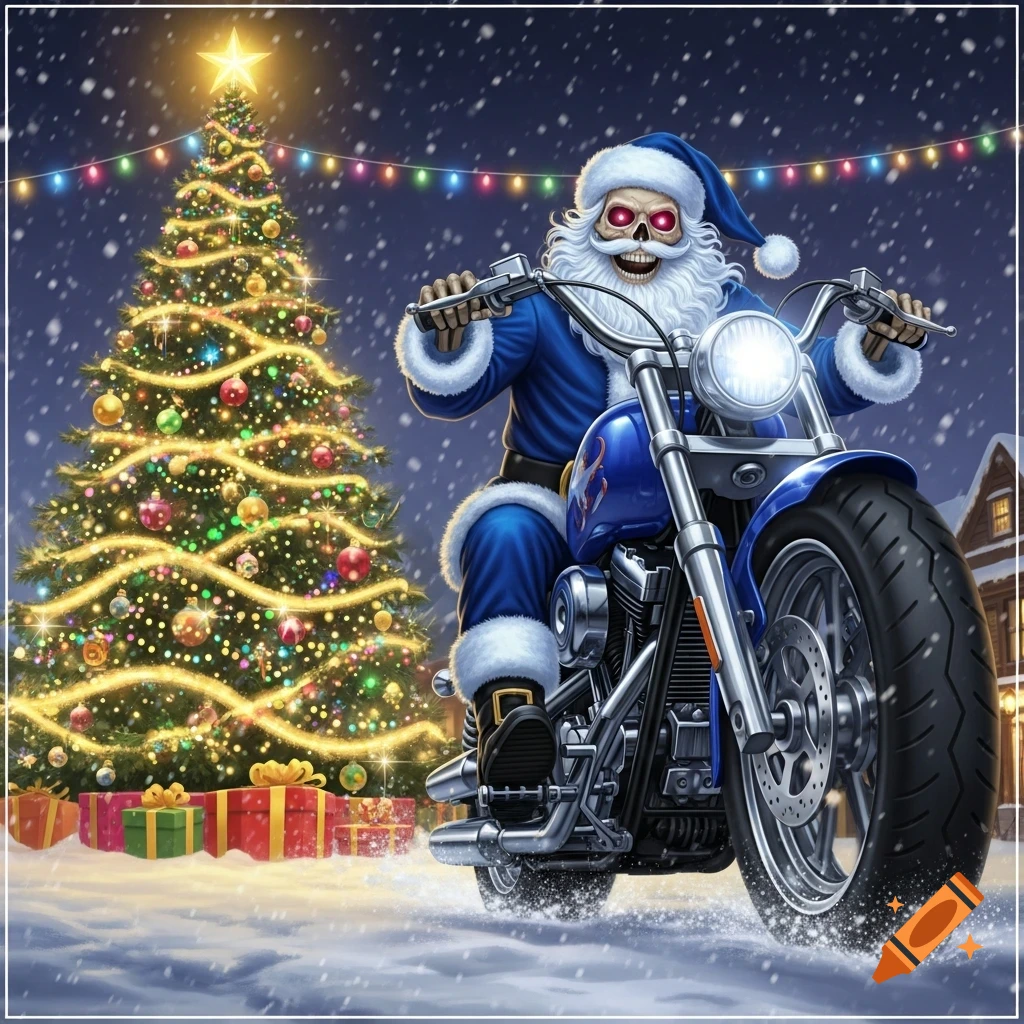 A grinning skeleton Santa in a blue suit rides a chopper motorcycle through a snowy Christmas scene with a decorated tree and gifts.
