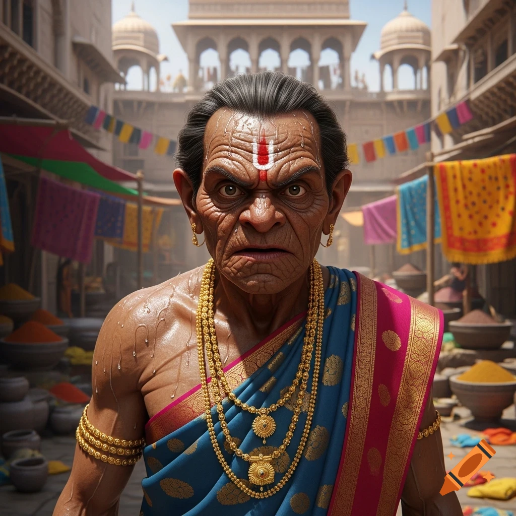 A close-up, hyper-realistic portrait of an angry, elderly Indian man with a tilak, wearing a blue and pink saree and gold jewelry, in a bustling market street.