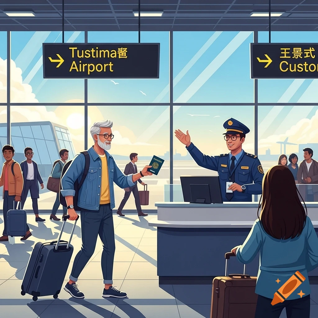 A cartoon-style illustration of an airport customs area. A man presents a passport to a customs officer while other travelers walk by.