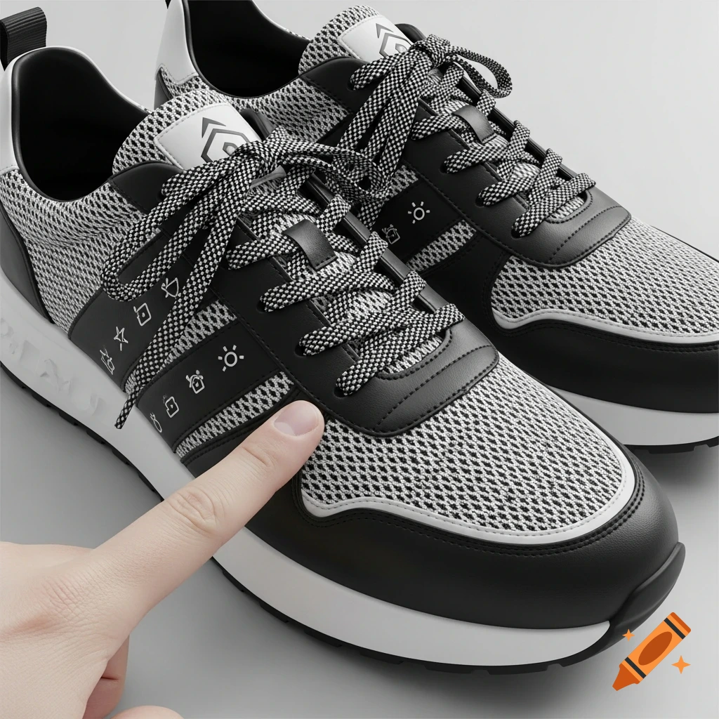 Close-up of a pair of black and white sneakers with a person's finger pointing at them. The shoes feature mesh texture, black leather accents, and white soles, with various white abstract symbols on the side stripes.