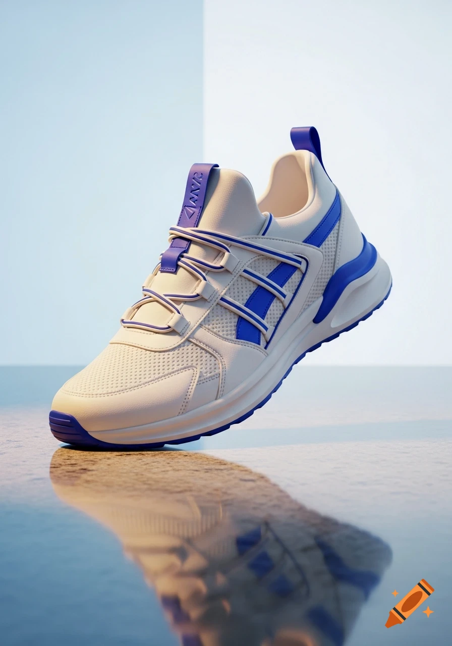 A white and blue sneaker with elastic laces floats above a reflective surface, casting a clear reflection.
