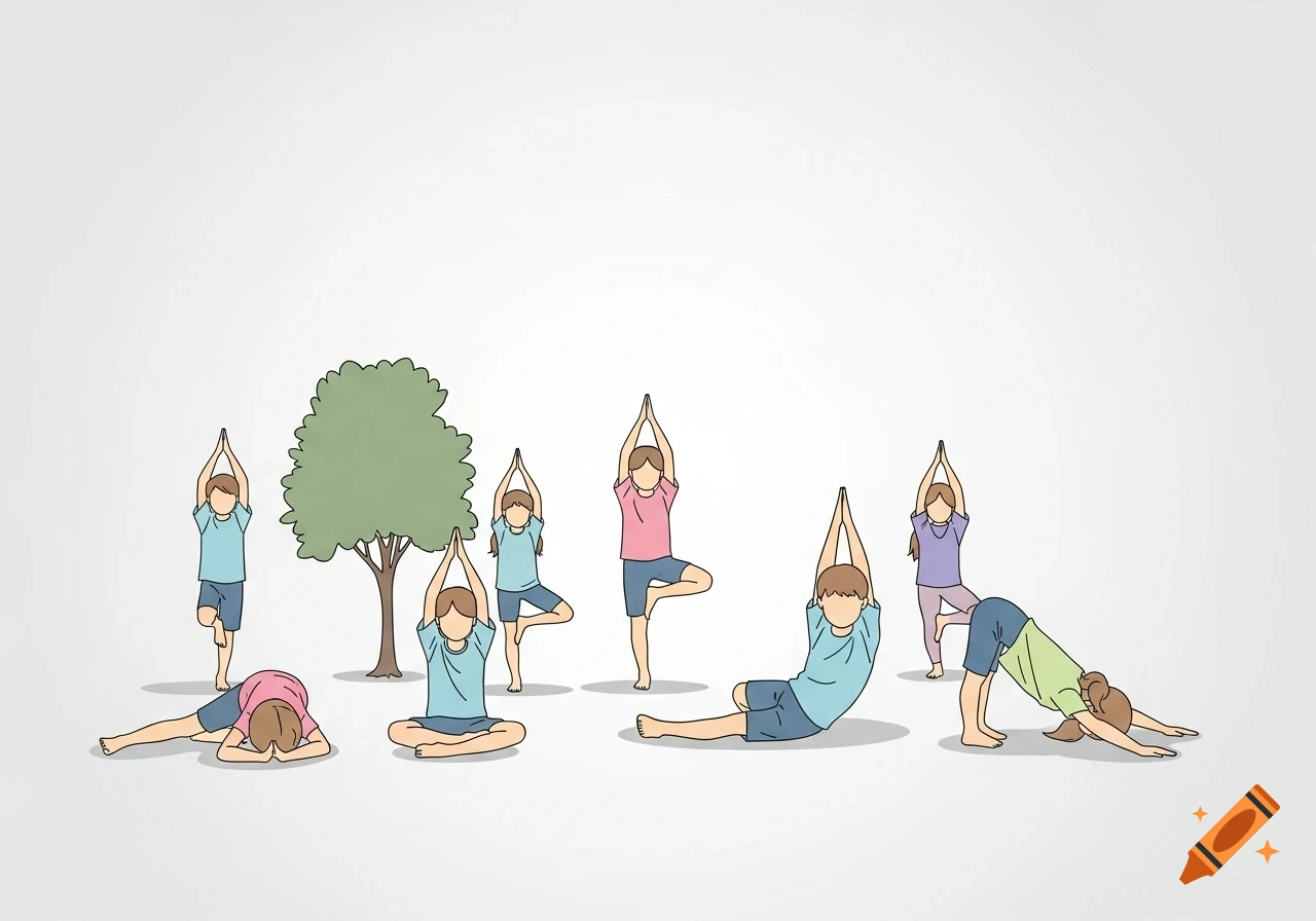 Minimalist illustration of several children doing various yoga poses outdoors near a tree.