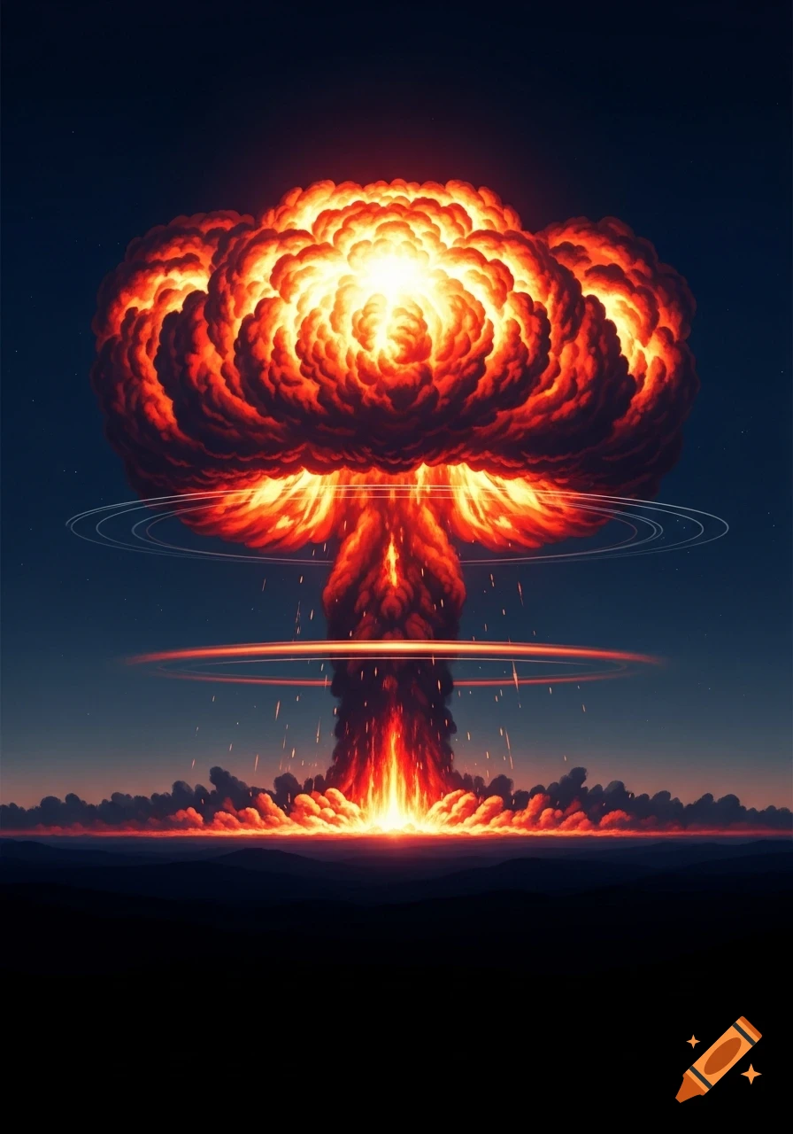 A vibrant, stylized mushroom cloud explosion with a fiery red-orange glow and concentric rings in a dark sky.