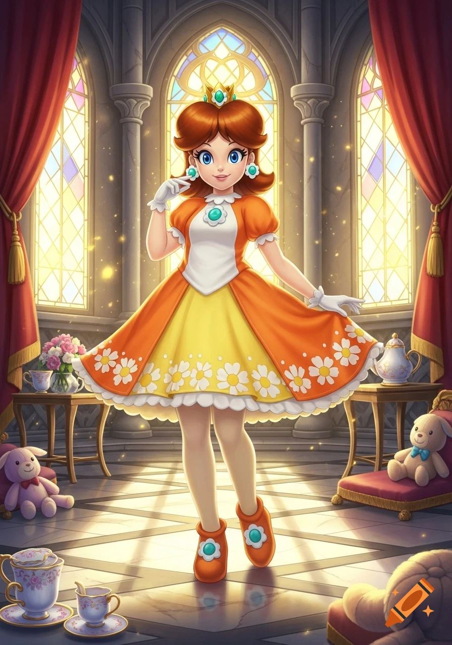 Princess Daisy in an orange and yellow dress with daisy patterns poses in a grand hall with stained glass windows.