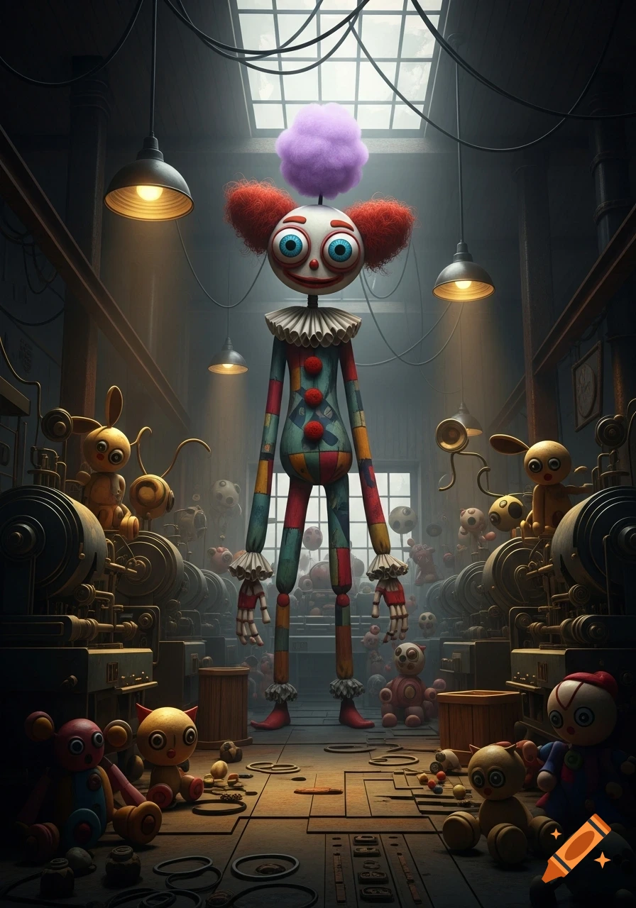 A tall, unsettling clown doll with red hair and big blue eyes stands in a dark factory, surrounded by smaller creepy toys and machinery.