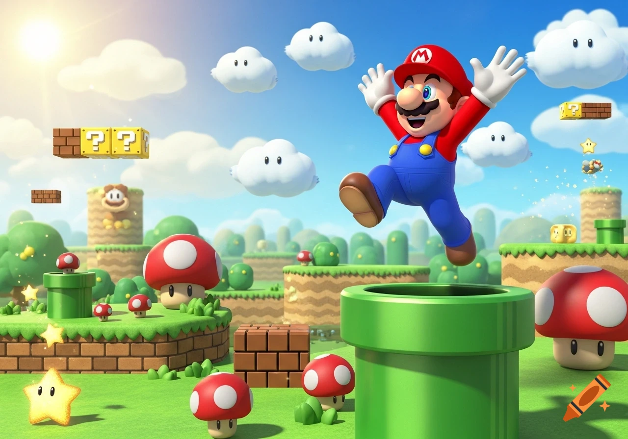 Super Mario jumps over a green pipe in a vibrant 3D rendered Super Mario Bros. level with clouds, mushrooms, and item blocks.