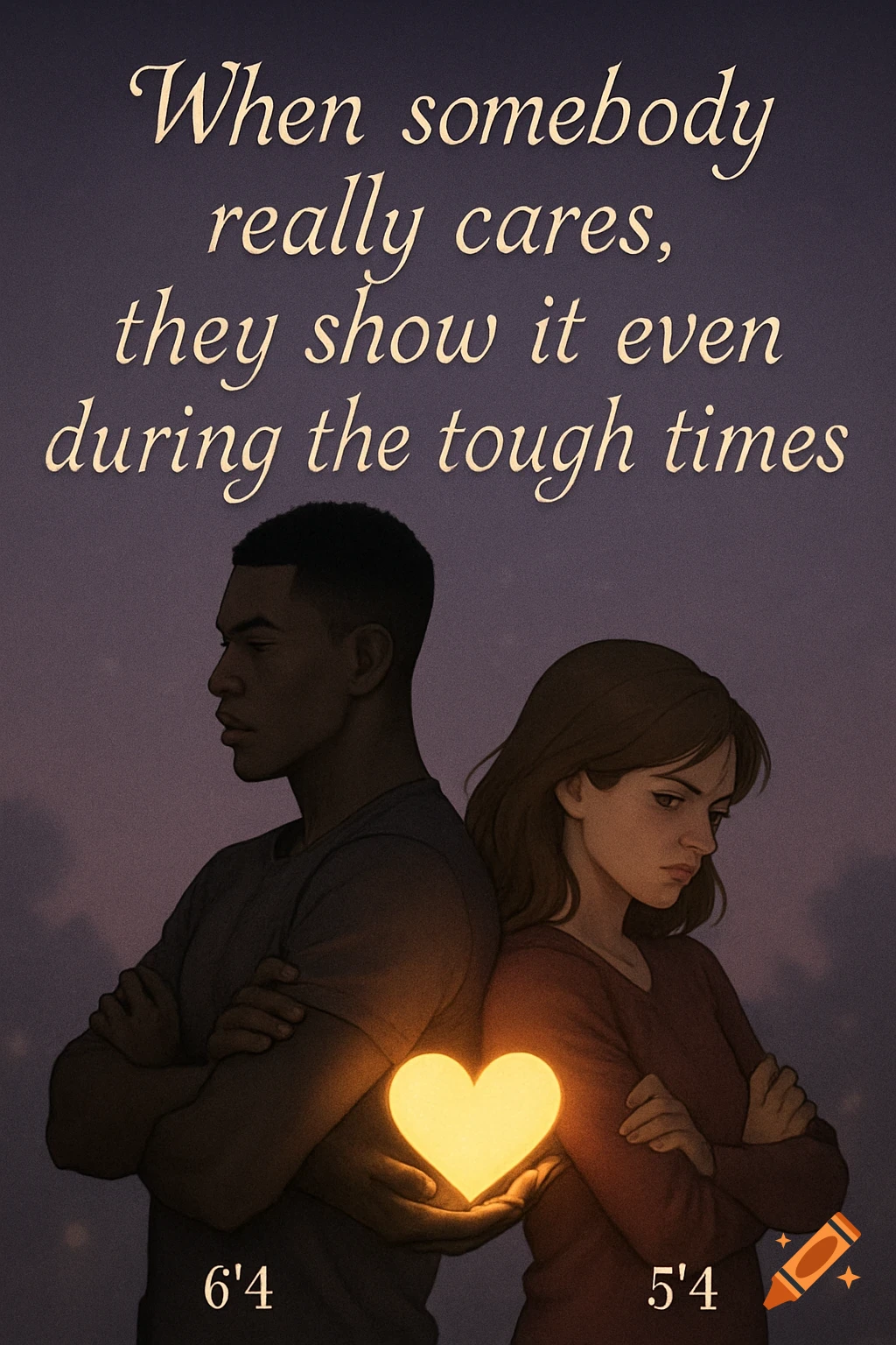 Illustration of a 6'4" man and 5'4" woman standing back-to-back, frustrated, sharing a glowing heart. Text above them.