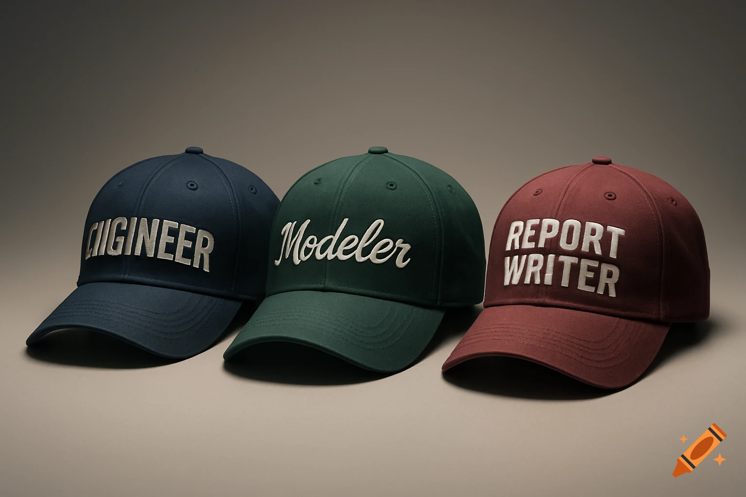 Three baseball caps; a dark blue one says "CIGINEER", a green one says "Modeler", and a red one says "REPORT WRITER".