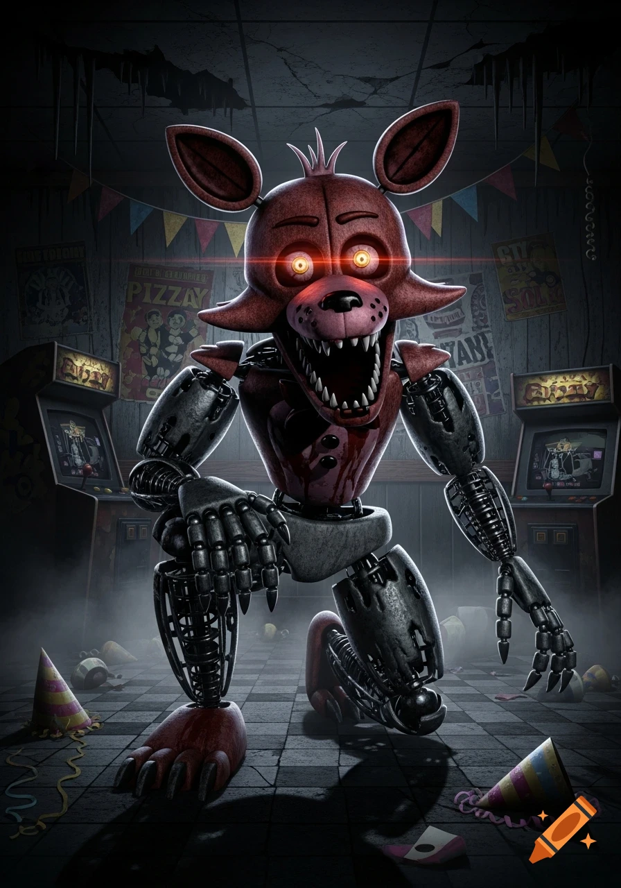Foxy, the animatronic fox from FNAF, crouches menacingly in a dark, abandoned arcade with glowing red eyes.
