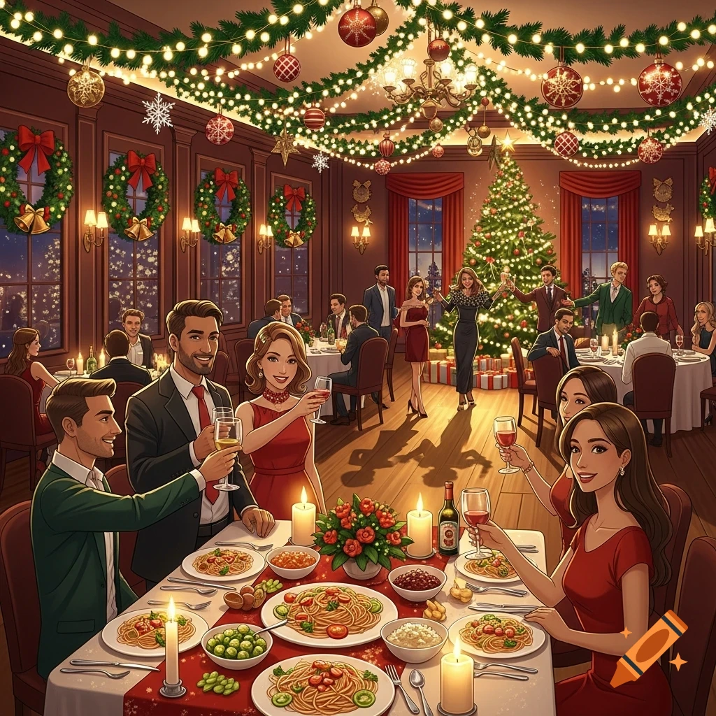 A lively Christmas party with guests dining and socializing in a festive room decorated with lights, wreaths, and a large Christmas tree, in a stylized illustration.
