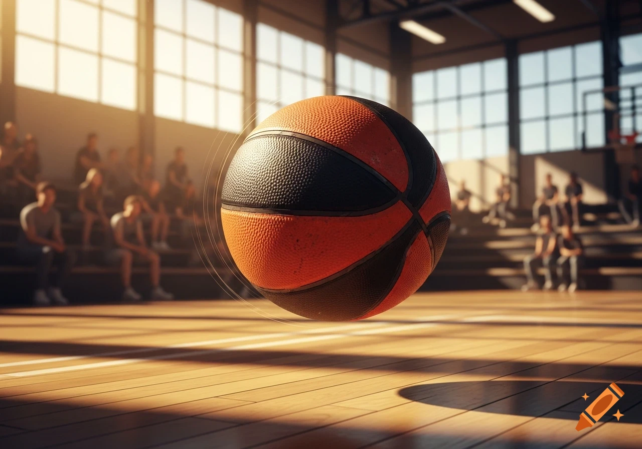A close-up, photorealistic shot of an orange and black basketball floating above a polished wooden court in a bright gymnasium, with blurred spectators in the background.