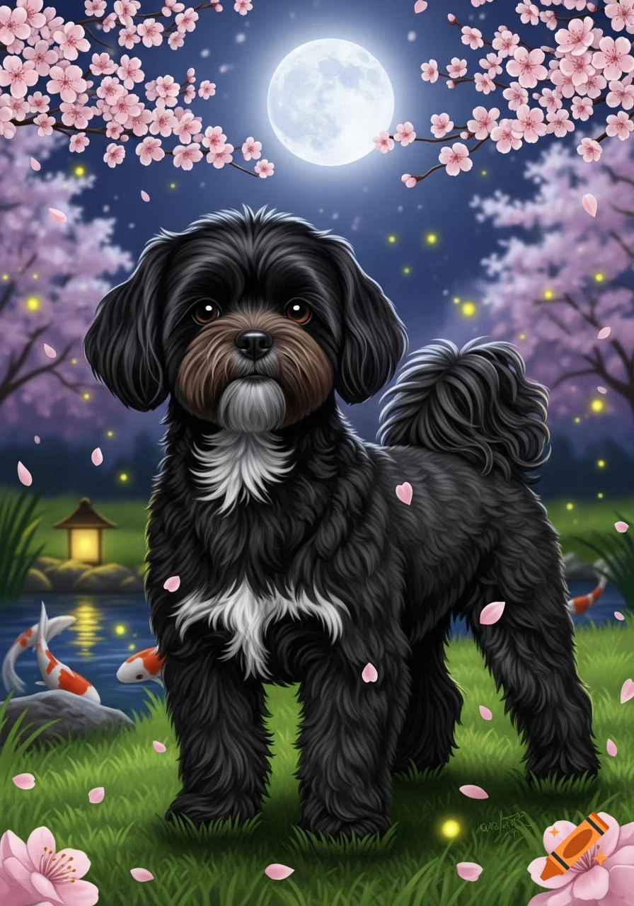 Black Shih Tzu Poodle mix with white chest fur stands in a moonlit Japanese garden with pink cherry blossoms, koi fish, and a lantern.