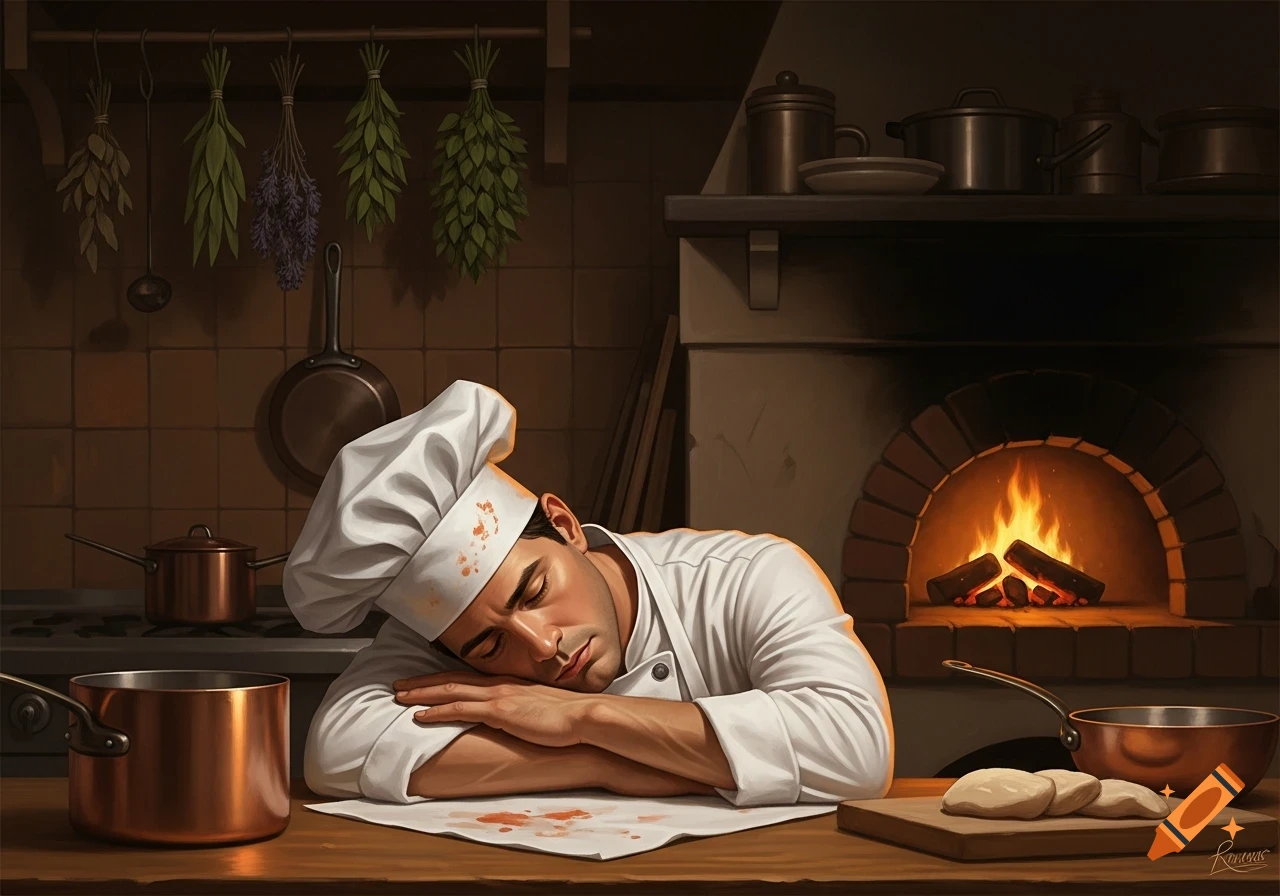 A male chef in a white uniform sleeps, head on his arms, at a wooden counter in a rustic kitchen, with a wood-fired oven blazing in the background.