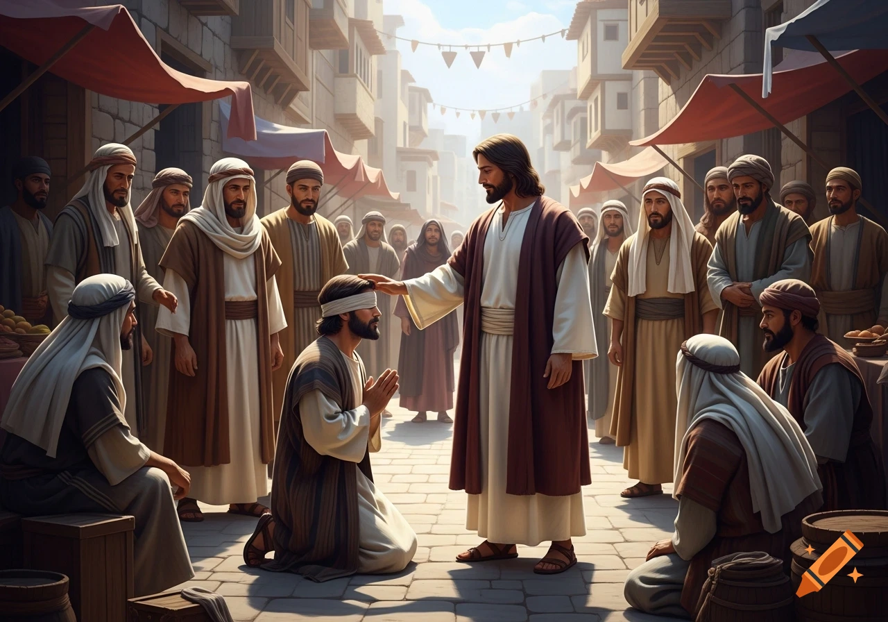 Jesus, surrounded by followers, lays his hand on the head of a blind man kneeling in a busy ancient town street.