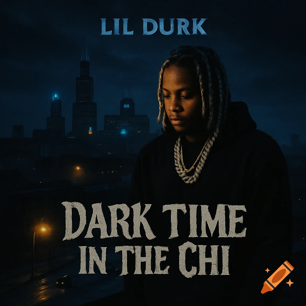 Rapper Lil Durk on a dark album cover titled 'Dark Time In The Chi' with a city skyline background.