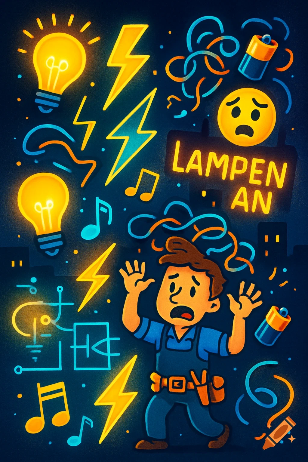 Cartoon illustration of a worried electrician surrounded by glowing light bulbs, lightning bolts, circuit diagrams, and a sign that reads "LAMPEN AN".