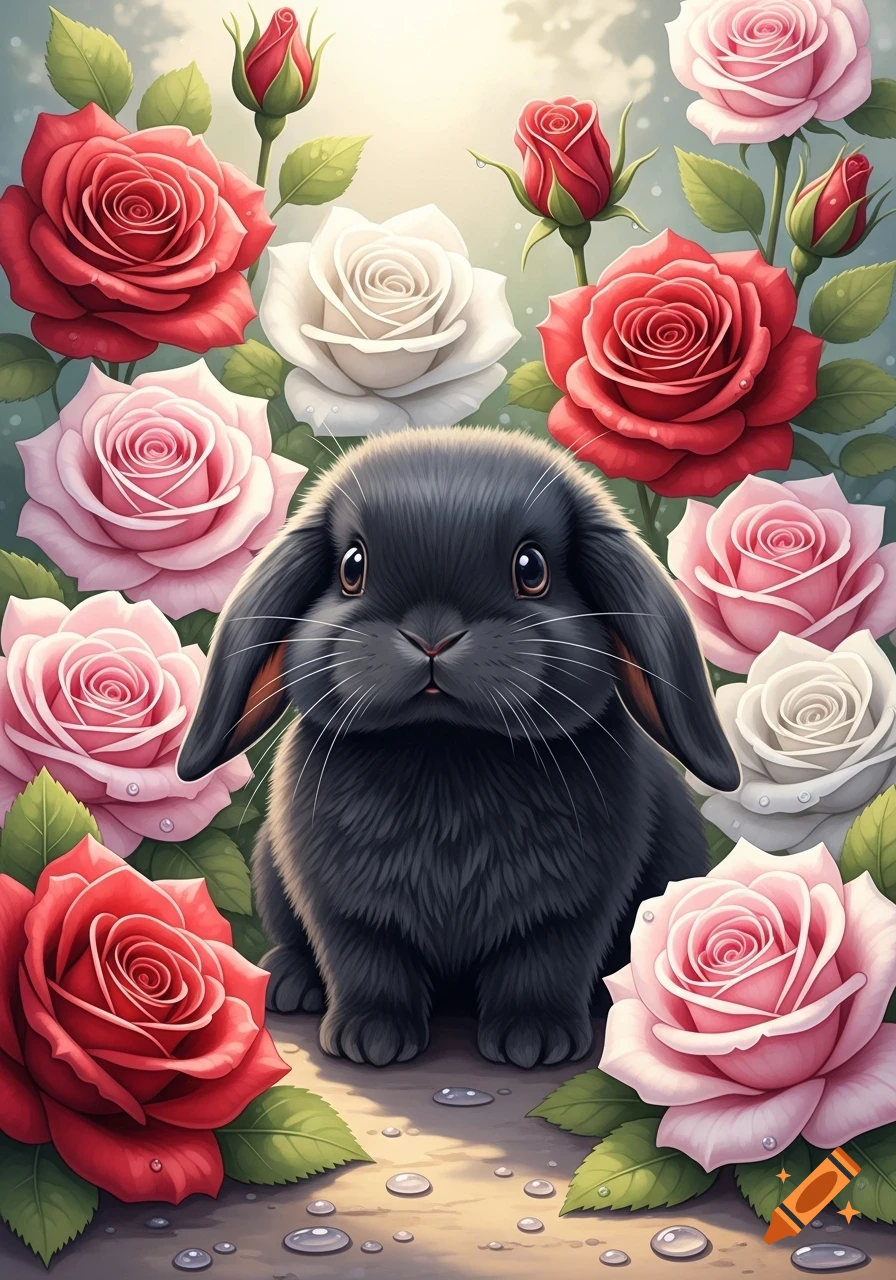 A cute black mini lop bunny sits surrounded by vibrant red, pink, and white roses, with dew drops on the ground.