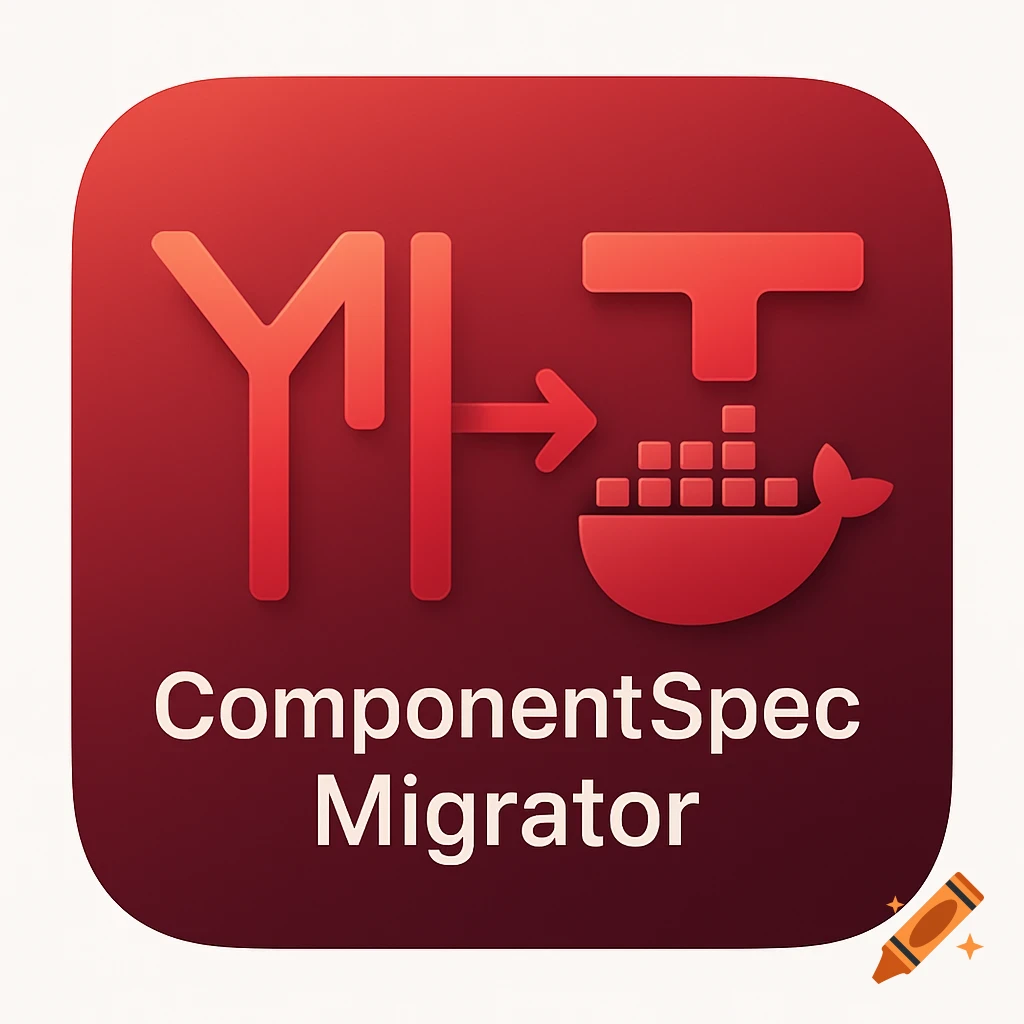A red app icon showing a stylized 'YML' symbol transforming via an arrow into a 'T' above a Docker whale symbol. Below, the text reads "ComponentSpec Migrator".