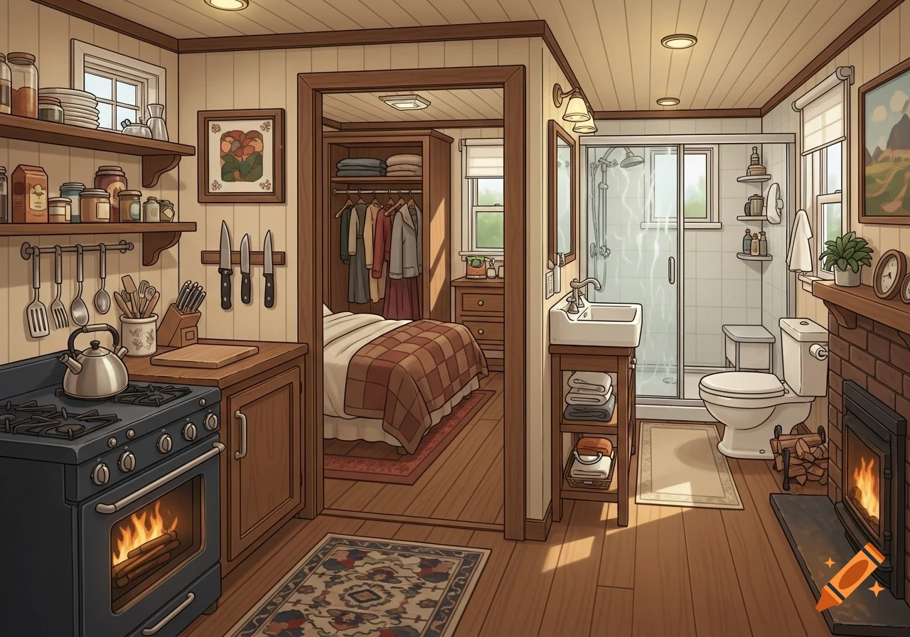 An illustrative, cozy small house interior featuring a kitchen with a stove, a bedroom with a bed and closet, and a bathroom with a sink, shower, and toilet.