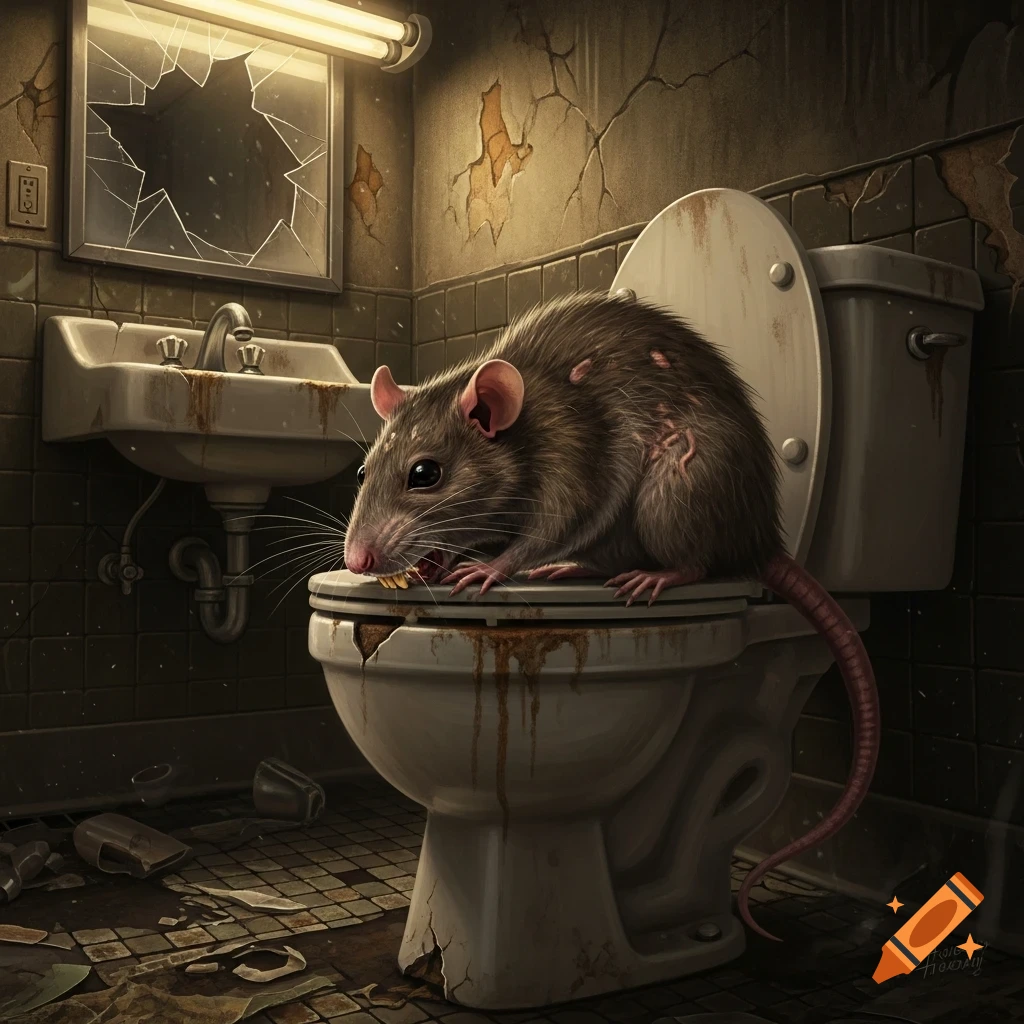 A large, scarred rat gnaws on a stained, broken toilet in a filthy, abandoned bathroom with a shattered mirror.