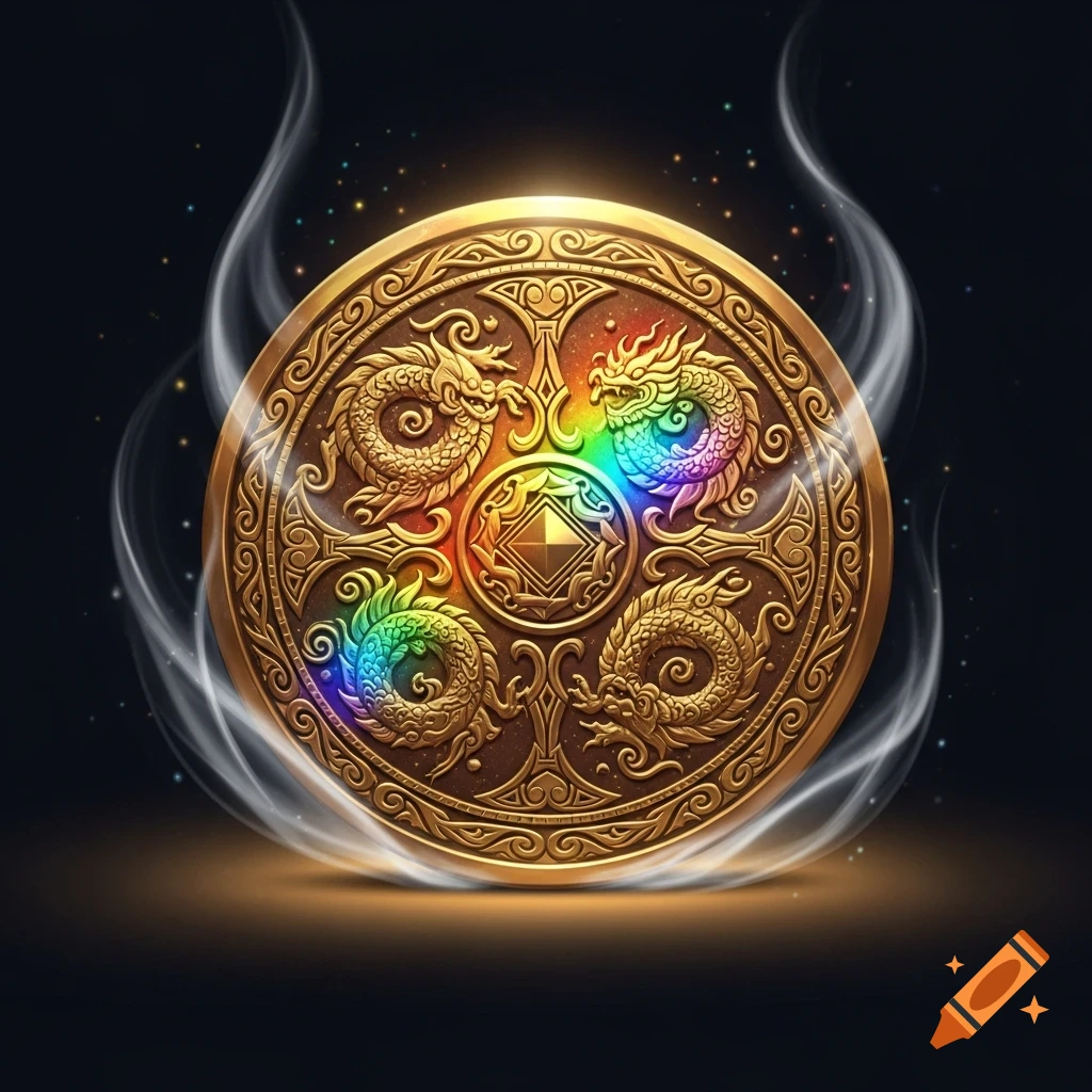 A golden, intricately designed fantasy coin featuring four dragons with rainbow-colored highlights, surrounded by wispy smoke on a dark background.