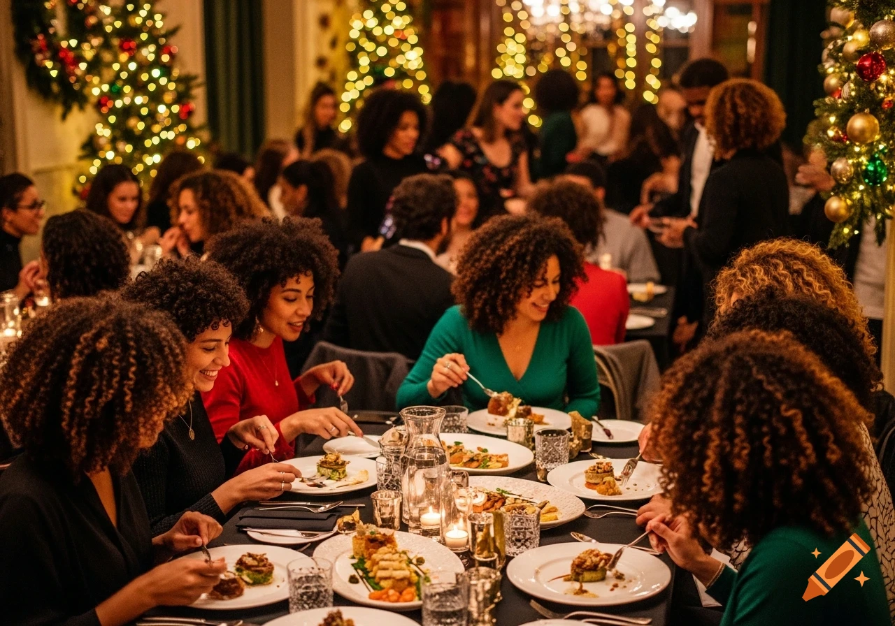 People with curly hair dining at a festive Christmas party, tables set with gourmet food, surrounded by twinkling lights.