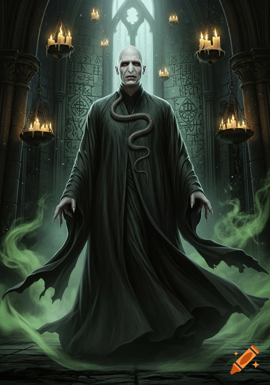 Voldemort in a dark gothic hall with green mist, a snake on his shoulders, surrounded by floating candles.