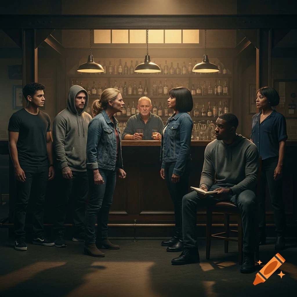 A tense, dramatic scene featuring six diverse people in a dim, atmospheric industrial bar, rendered in a photorealistic style.