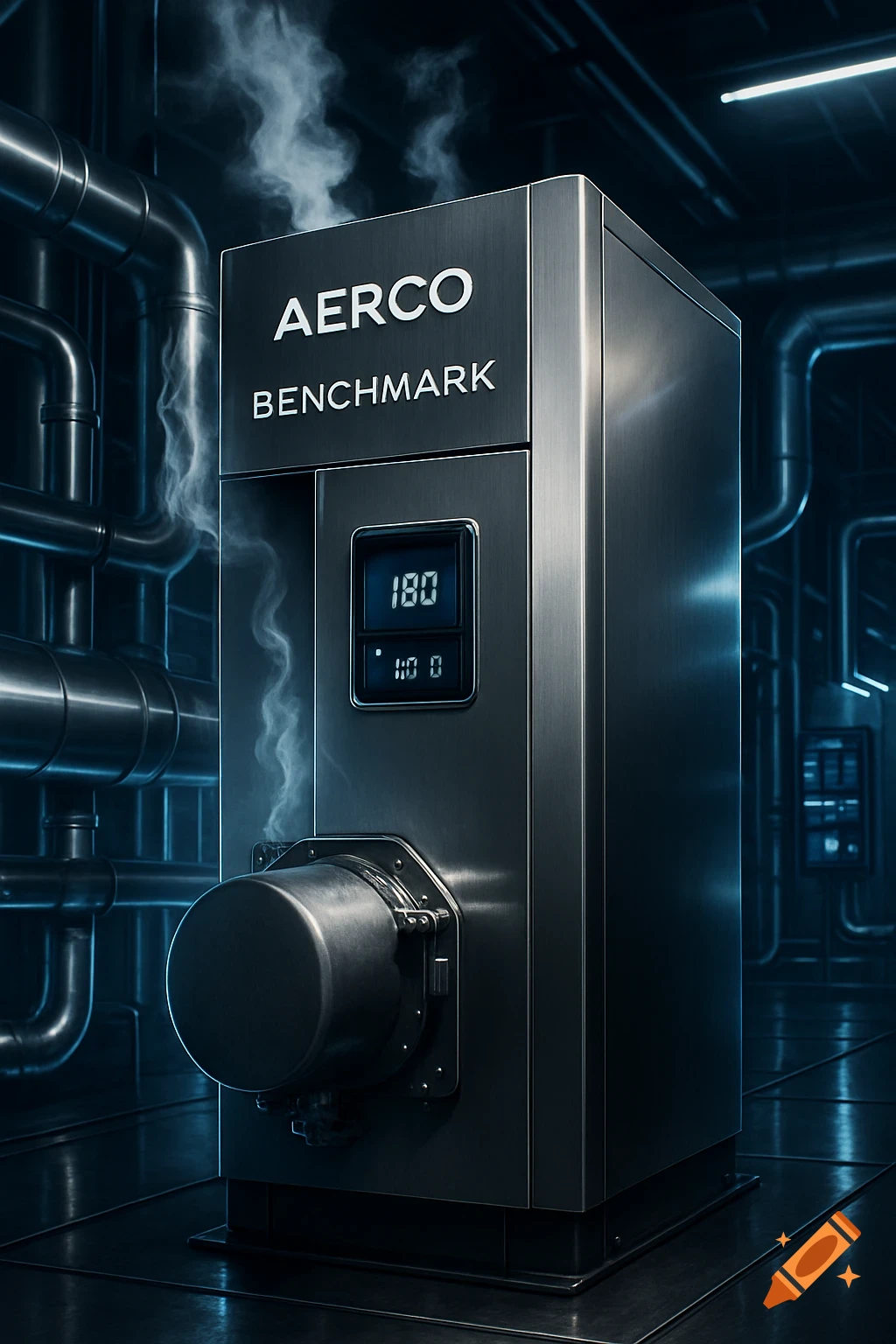Photorealistic image of a sleek, dark metal industrial boiler labeled AERCO BENCHMARK, with a digital display showing '180' and steam rising, surrounded by pipes.