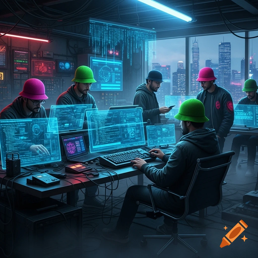 Multiple hackers in colorful bucket hats work at glowing computer stations with holographic screens in a neon-lit room overlooking a city skyline.