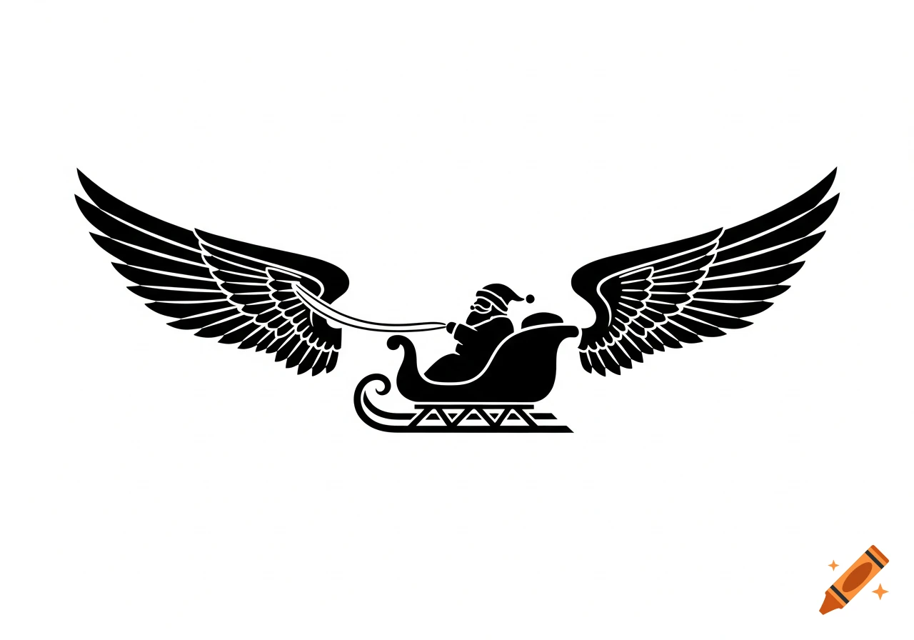 A black silhouette of Santa Claus in a sleigh with large, stylized wings extending from the sides, on a white background.