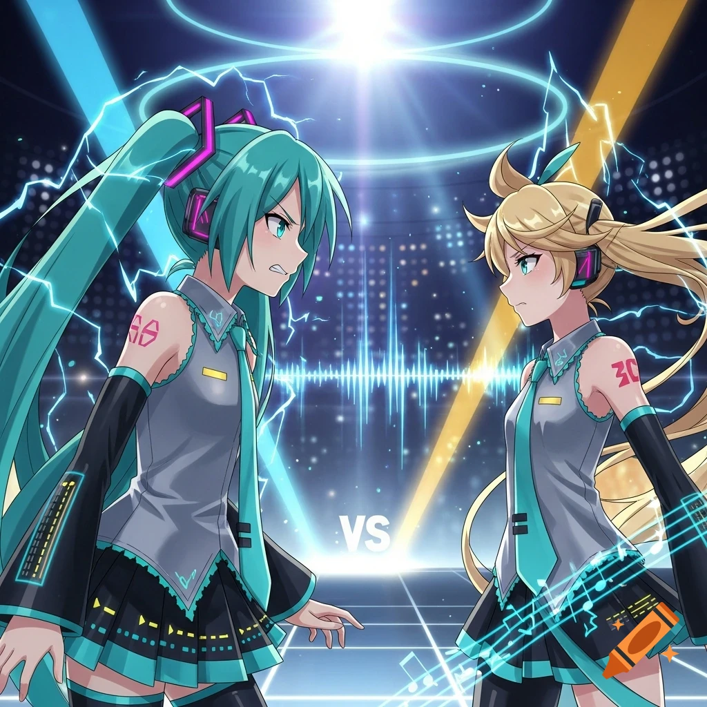Hatsune Miku and Kagamine Rin, both in idol outfits, face each other angrily on a stylized stage with lightning and sound waves. A 'VS' appears in the background.