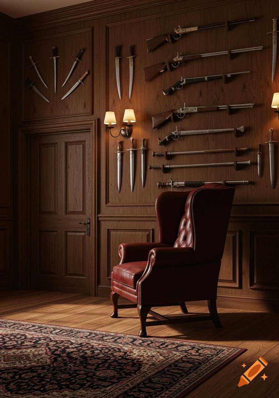 A dimly lit, wood-paneled room featuring a display of antique rifles, daggers, and swords on the walls, with a red leather armchair and a patterned rug.
