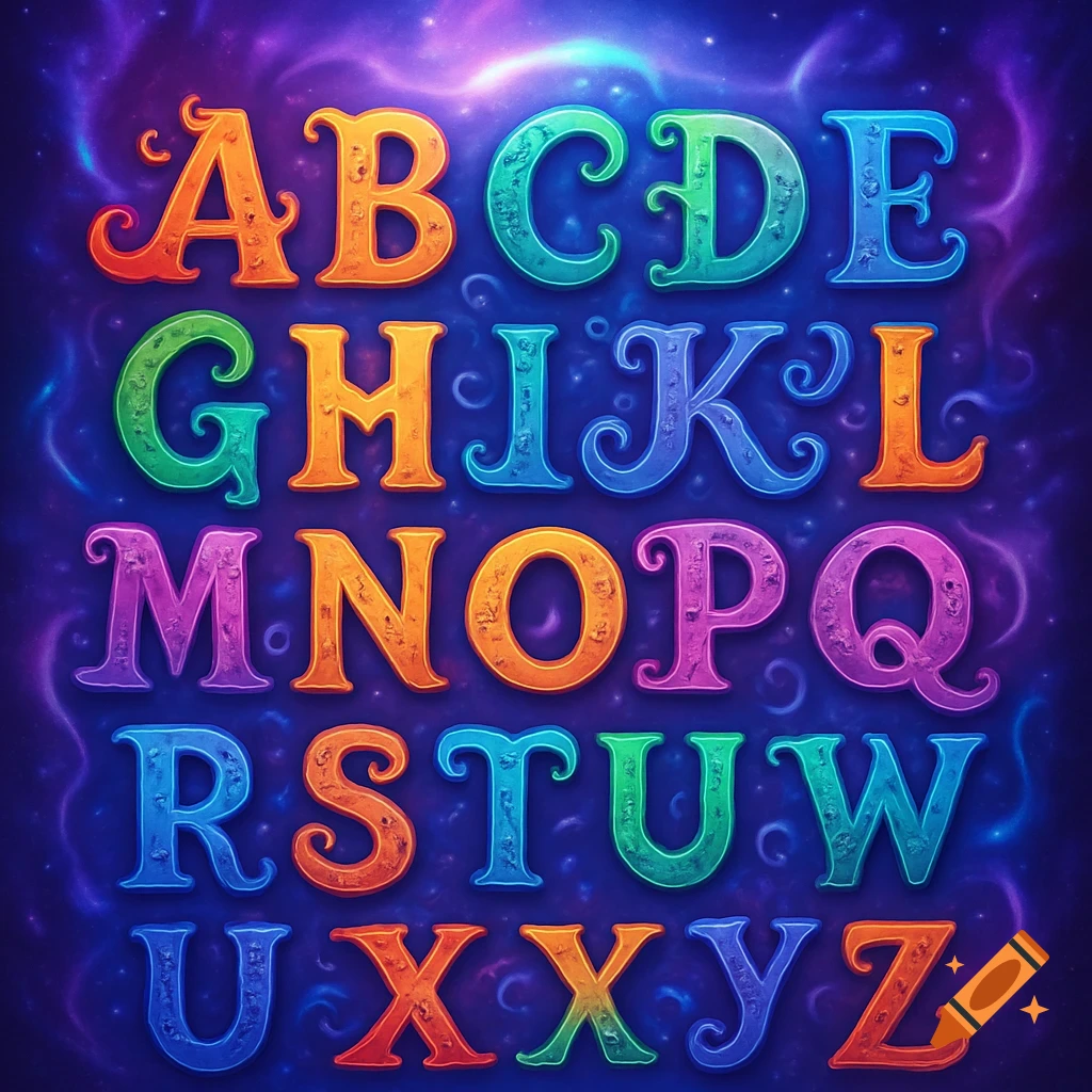 Colorful, ornate capital English alphabet letters A-Z arranged in rows on a cosmic purple and blue background.
