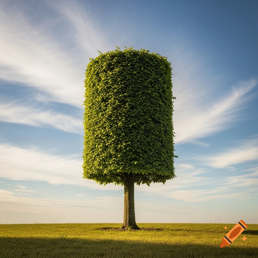 A photorealistic image of a tall, cylindrical tree standing alone in a grassy field under a blue sky with wispy clouds.