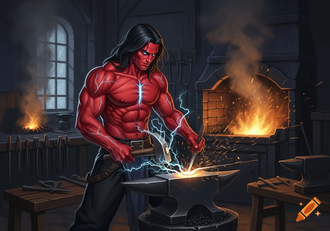 A muscular, red-skinned, black-haired man, imbued with lightning, works as a blacksmith in a forge.
