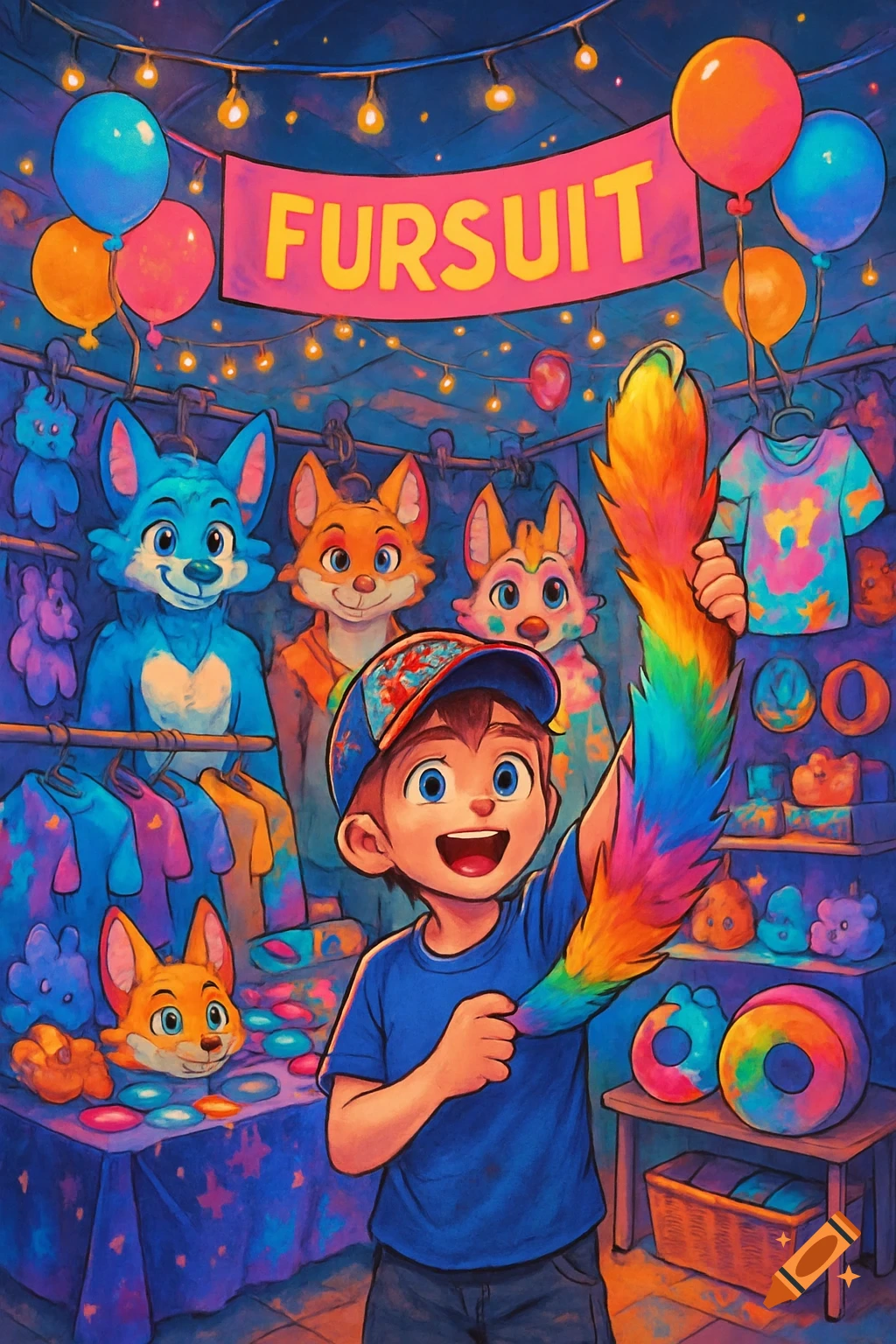 A smiling cartoon boy holds a rainbow fur tail at a vibrant fursuit merchandise store with cartoon animal characters and balloons.