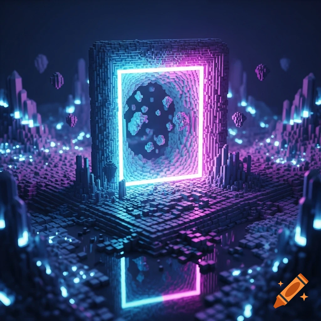 A glowing neon blue and purple portal in a dark, pixelated voxel landscape, reflecting in water.