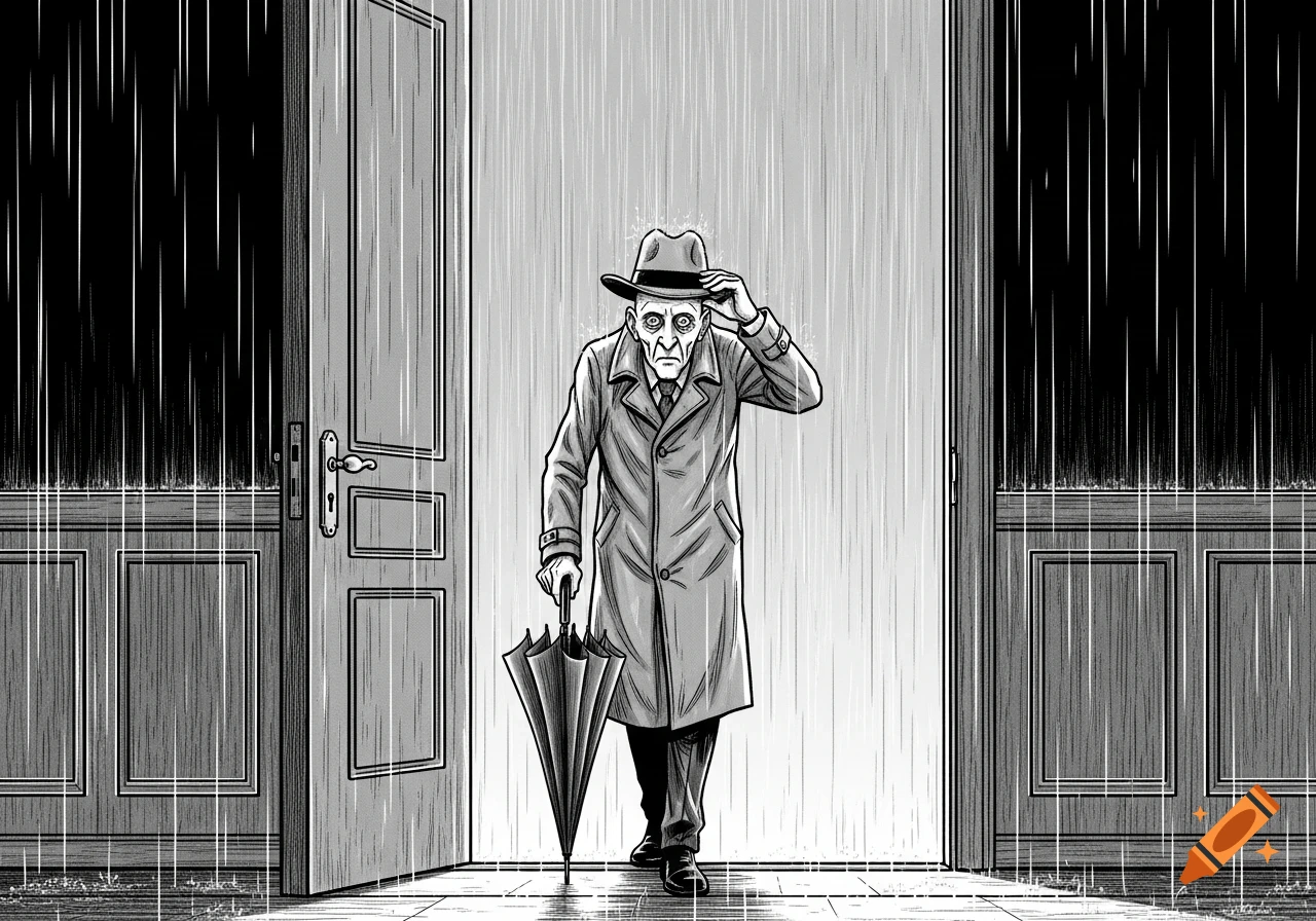 A black and white comic-style illustration of an old man with a hat and umbrella stepping through an open doorway into heavy rain.