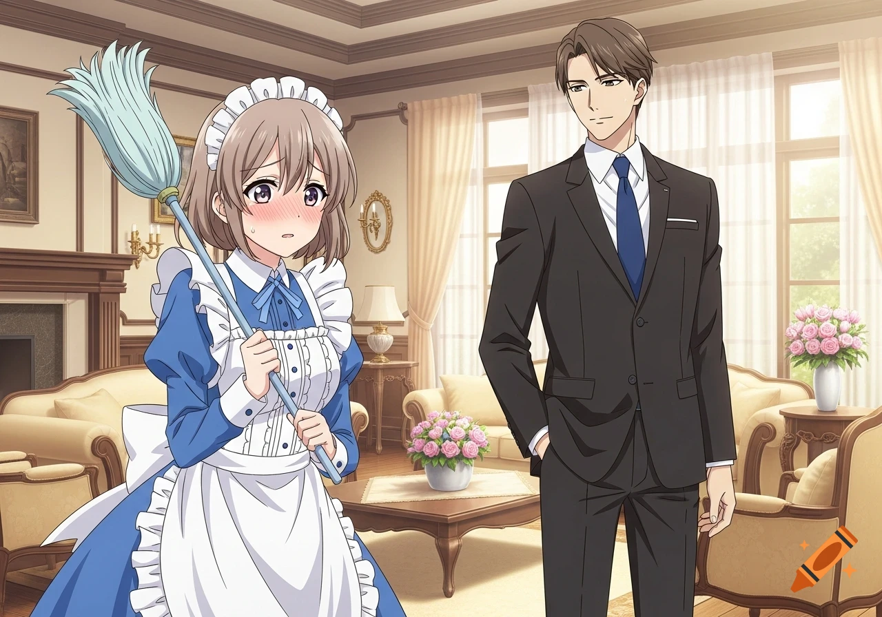 An embarrassed anime maid in a blue uniform holds a mop next to a businessman in a suit in a formal living room.