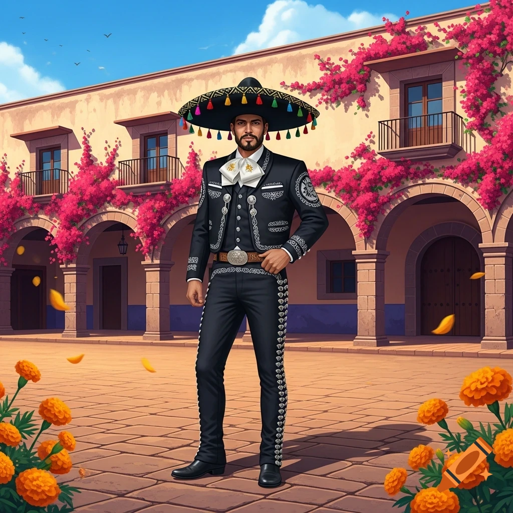 A man in a black mariachi suit with a sombrero stands in a vibrant Mexican courtyard adorned with pink bougainvillea and orange flowers.
