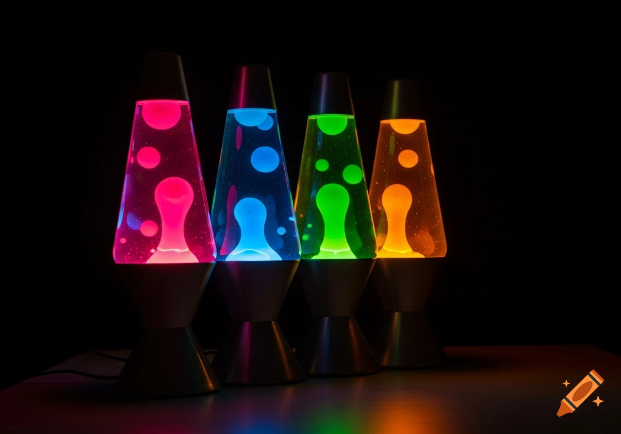 Four classic lava lamps in pink, blue, green, and orange glow brightly against a black background, with their wax blobs reflecting on the surface, photorealistic.