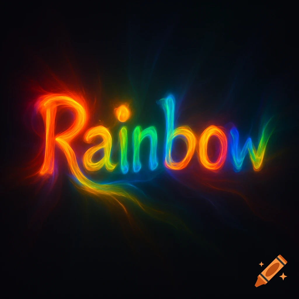 The word 'Rainbow' rendered in bright, glowing, multicolored text on a dark background with flowing light effects.