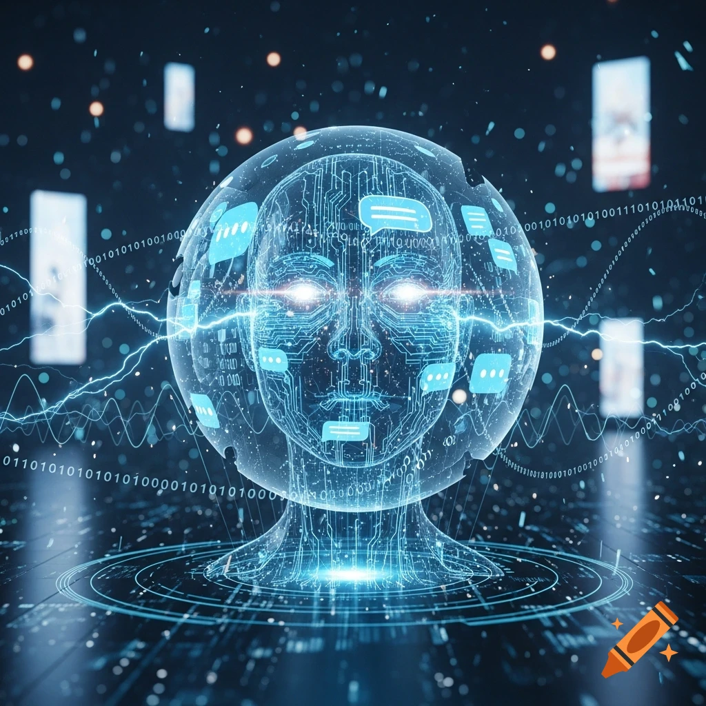 A glowing, futuristic AI head made of circuit board lines and data, surrounded by binary code and speech bubbles.