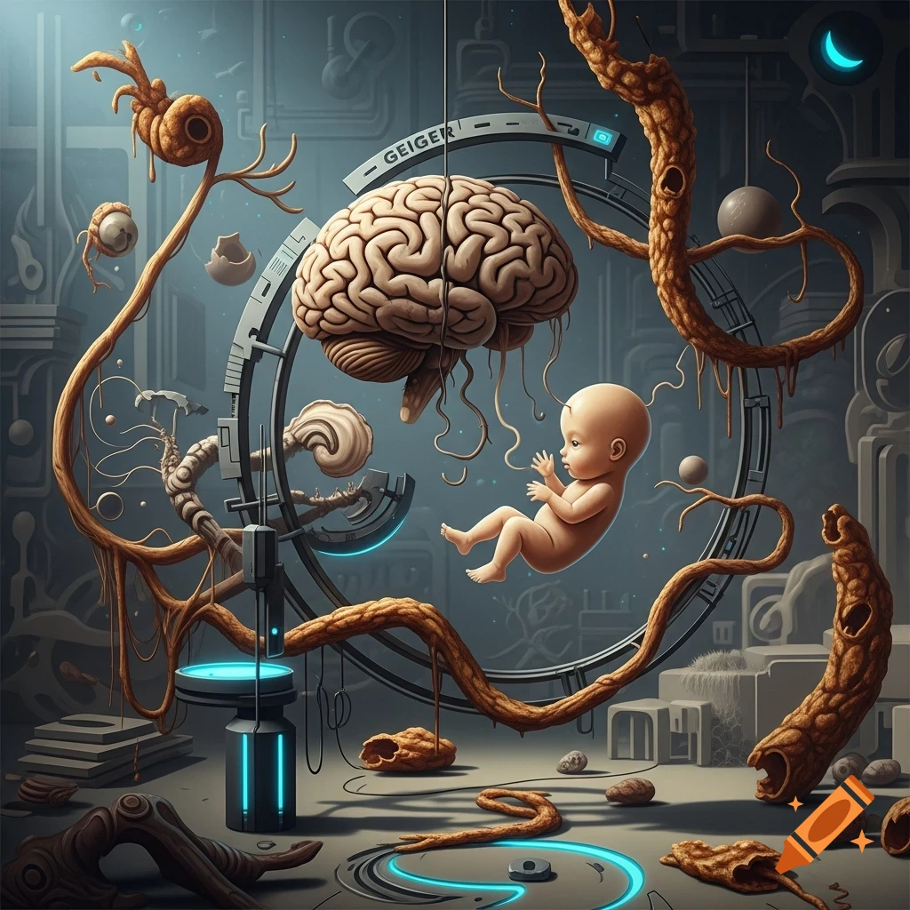 A surreal biomechanical scene featuring a floating fetus, a brain, intertwined organic roots, and glowing tech elements.