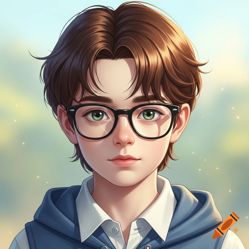 Anime-style portrait of a pale boy with green eyes, brown hair, and black glasses, wearing a blue hoodie.