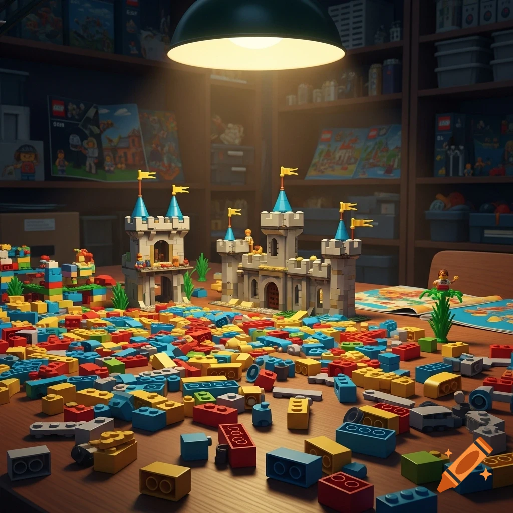 A wooden table is covered with colorful Lego bricks and two built Lego castles with blue roofs and yellow flags, illuminated by a hanging lamp. Lego boxes and shelves are in the blurred background.